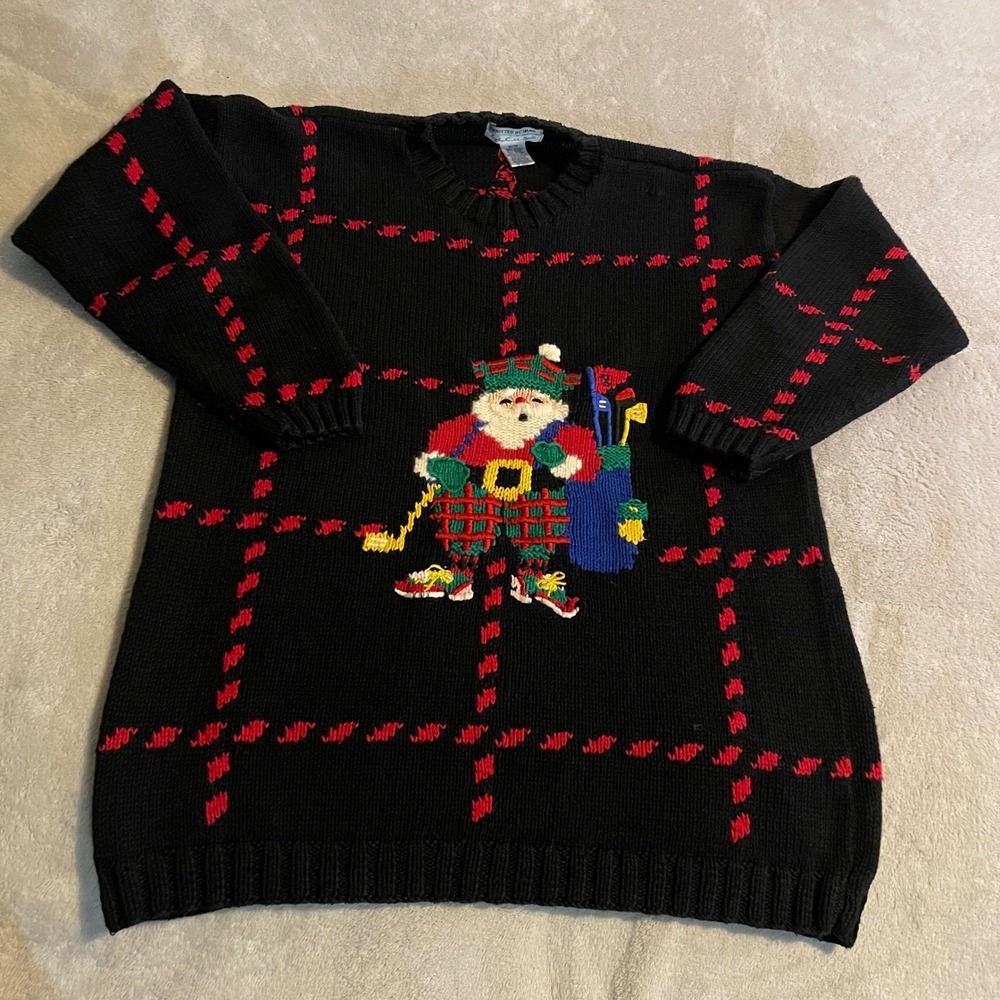 Vintage Santa Picone Sport Knitted By Hand Golf Christmas Sweater Mens M Black